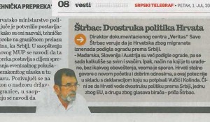 Štrbac: Dvostrua politika Hrvata, Srpski telegraf, 1.7.2016. štampano izdanje Foto: ScreenShoot