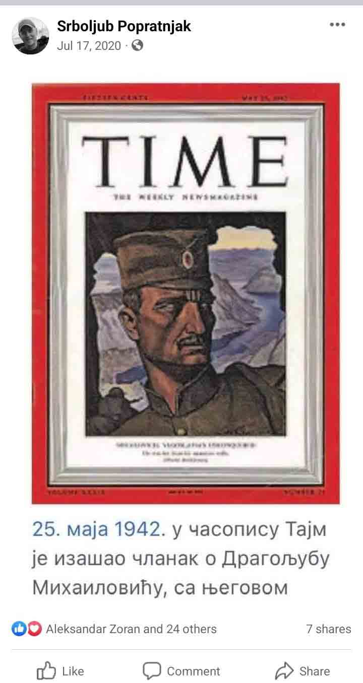 Srboljub Popratnjak: Objava na FB naslovnice TIME Magazina iz 1942. Foto: Serbian Times, FB