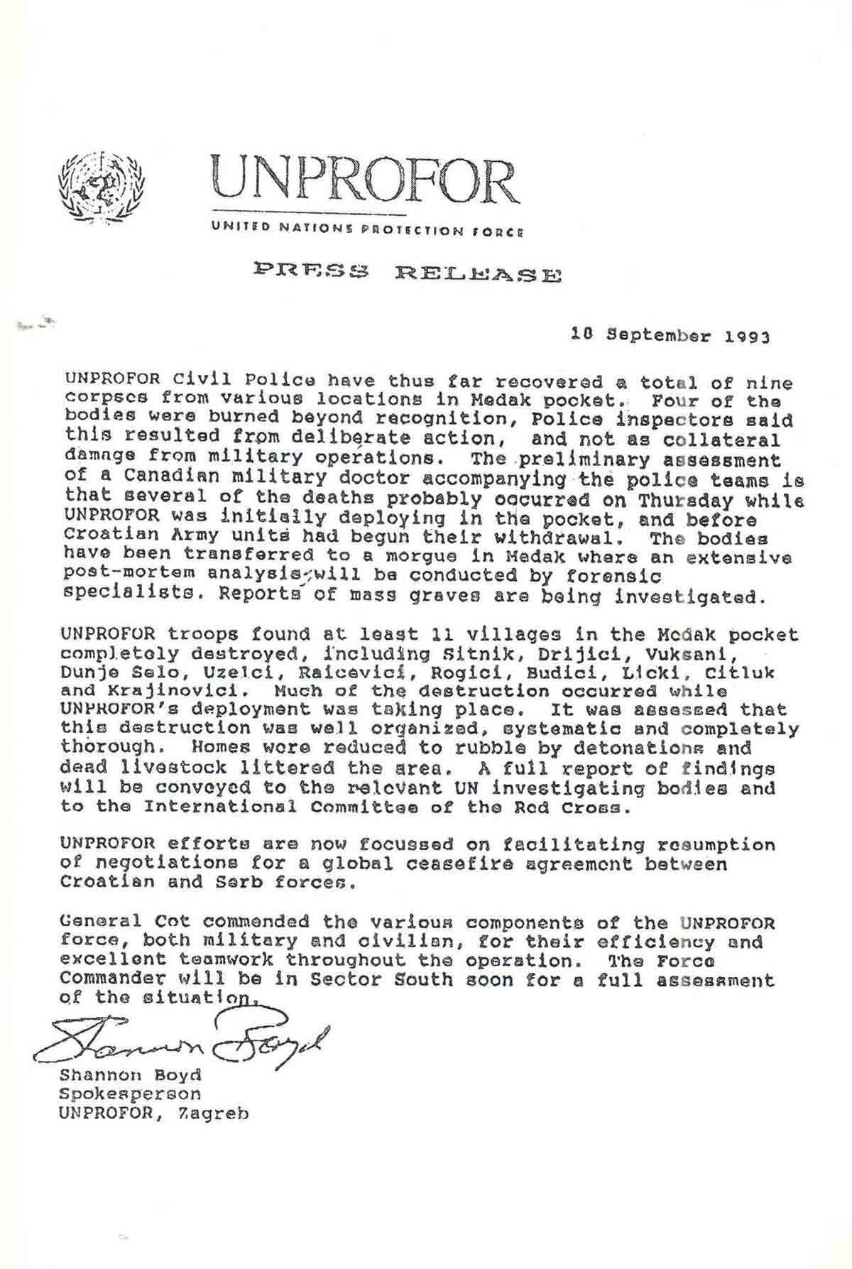 Saopštenje za štampu komande UNPROFOR-a 18. septembra 1993. godine Foto: DIC Veritas, kopija