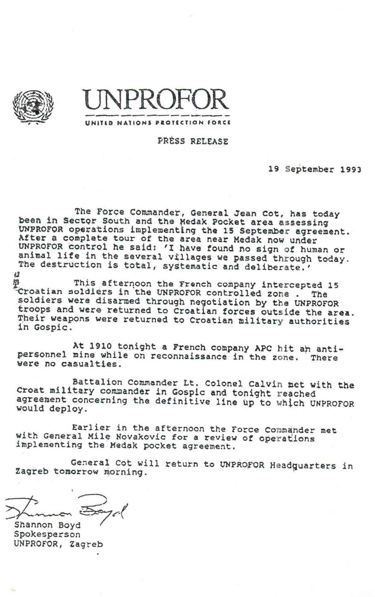 Saopštenje za štampu komande UNPROFOR-a 19. septembra 1993. godine Foto: DIC Veritas, kopija