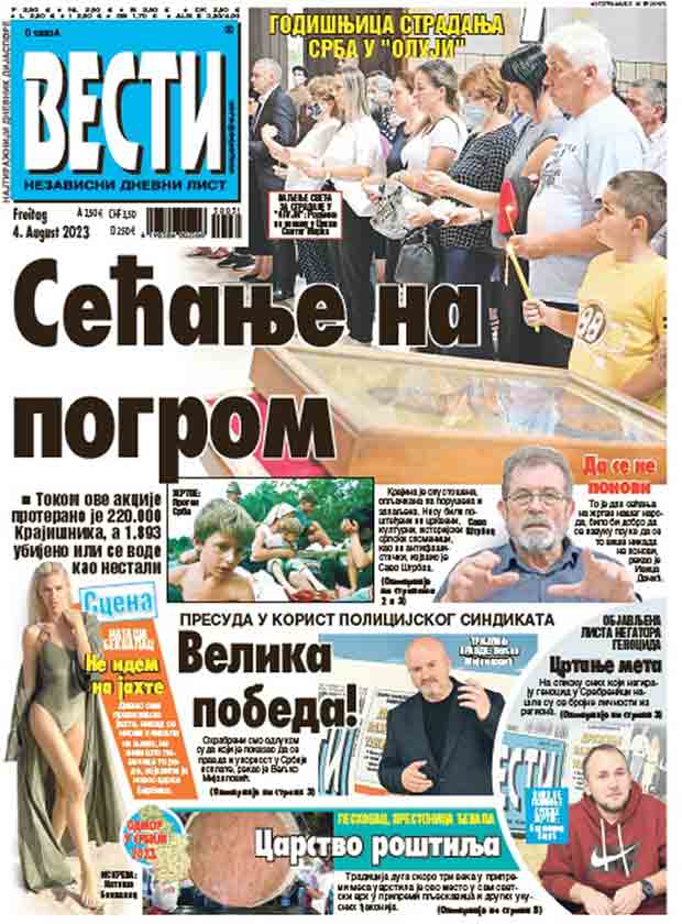 Naslovna strana Vesti za 4. avgust 2023. Foto: Vesti Online