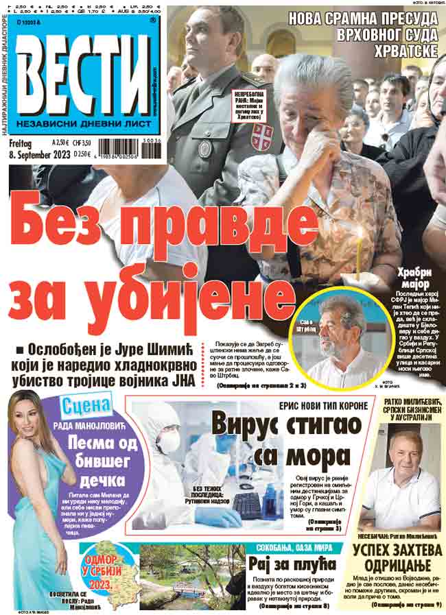 Vesti, izdanje za Evropu, naslovnica, 8.9.2023. Foto: Vesti, screenshot