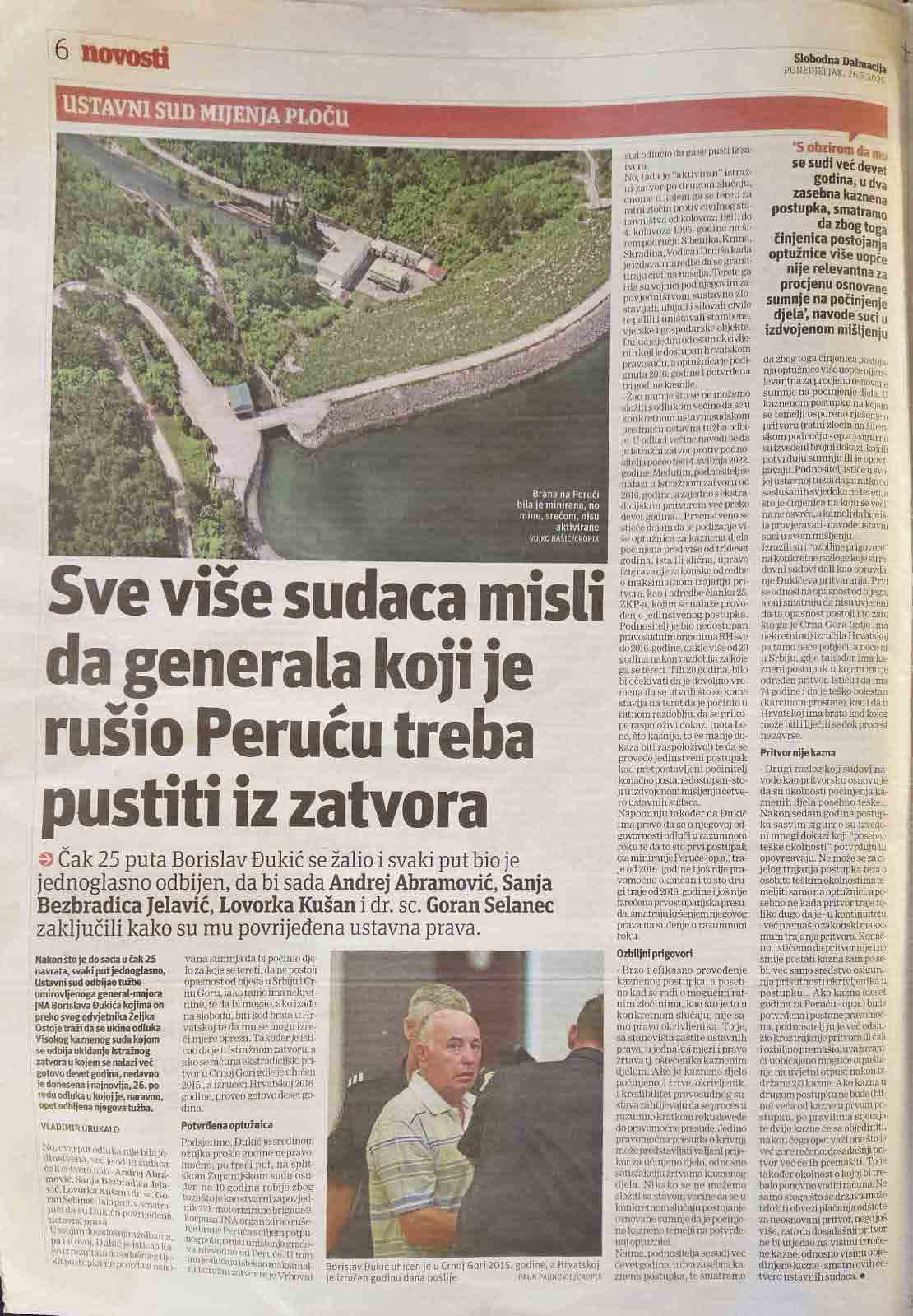 Sve više sudija misli da generala Đukića treba pustiti na slobodu - piše Slobodna Dalmacija, 26. 5. 2025. Foto: Slobodna Dalmacija, scan Sve više sudija misli da generala Đukića treba pustiti na slobodu - piše Slobodna Dalmacija, 26. 5. 2025. Foto: Slobodna Dalmacija, scan