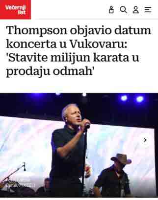 Najava Tompsonovog koncerta u Vukovaru, 29. 8. 2026. Foto: IN4S, screenshot